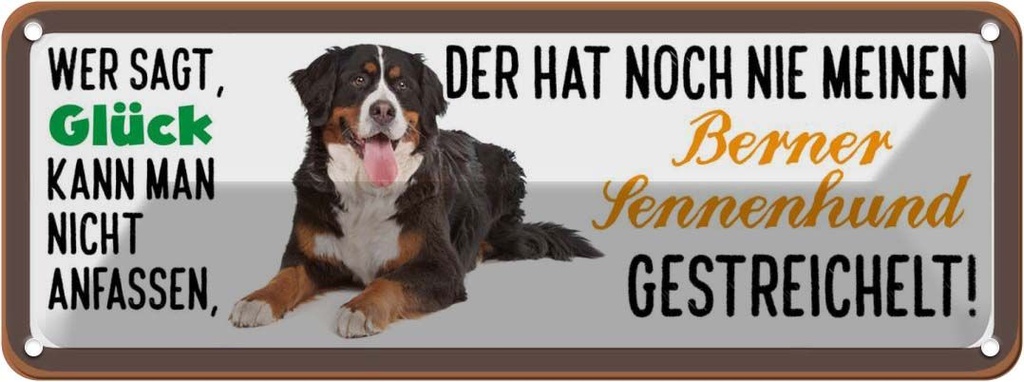 Blechschild 10x27 cm Berner Sennenhund gestreichelt Hund