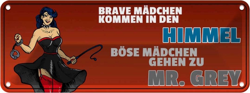 Blechschild 10x27 cm Böse Mädchen gehen zu Mr. Grey Spruch Zitat