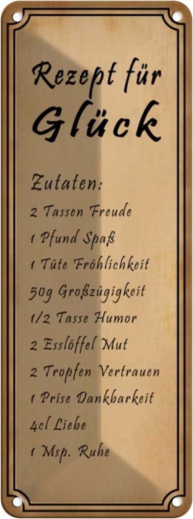 [LA-116710] Blechschild 27x10 cm Rezept für Küche Glück 2 Tassen Freude England Spruch Zitat Restaurant
