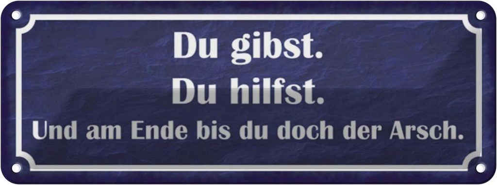 Blechschild 10x27 cm Du gibst hilfst am Ende Arsch Spruch Zitat