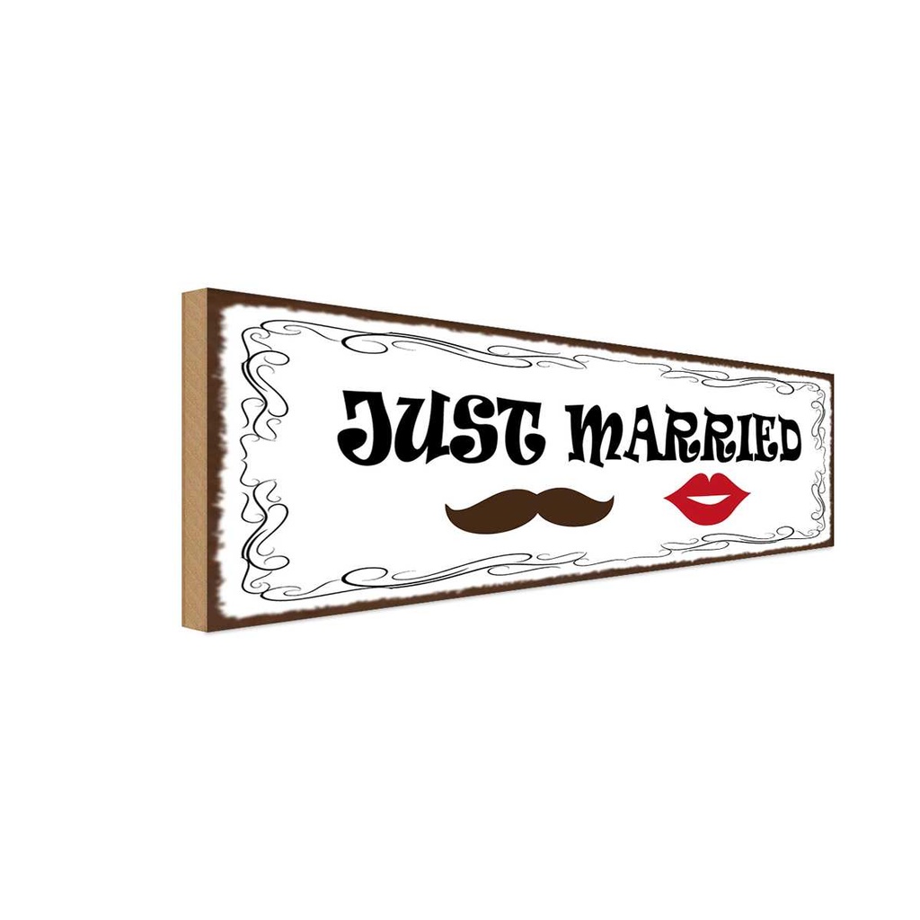 Holzschild 10x27 cm Just married Ehepaar Dekoration
