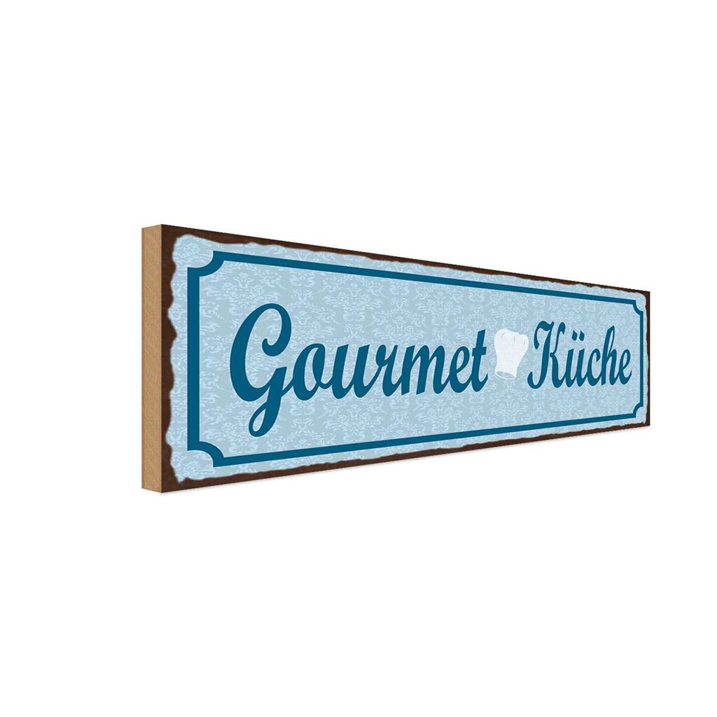 Holzschild 10x27 cm Gourmet Küche blau Kochen