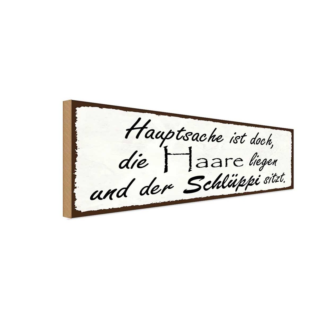 Holzschild 10x27 cm Hauptsache doch die Haare liegen Spruch Zitat