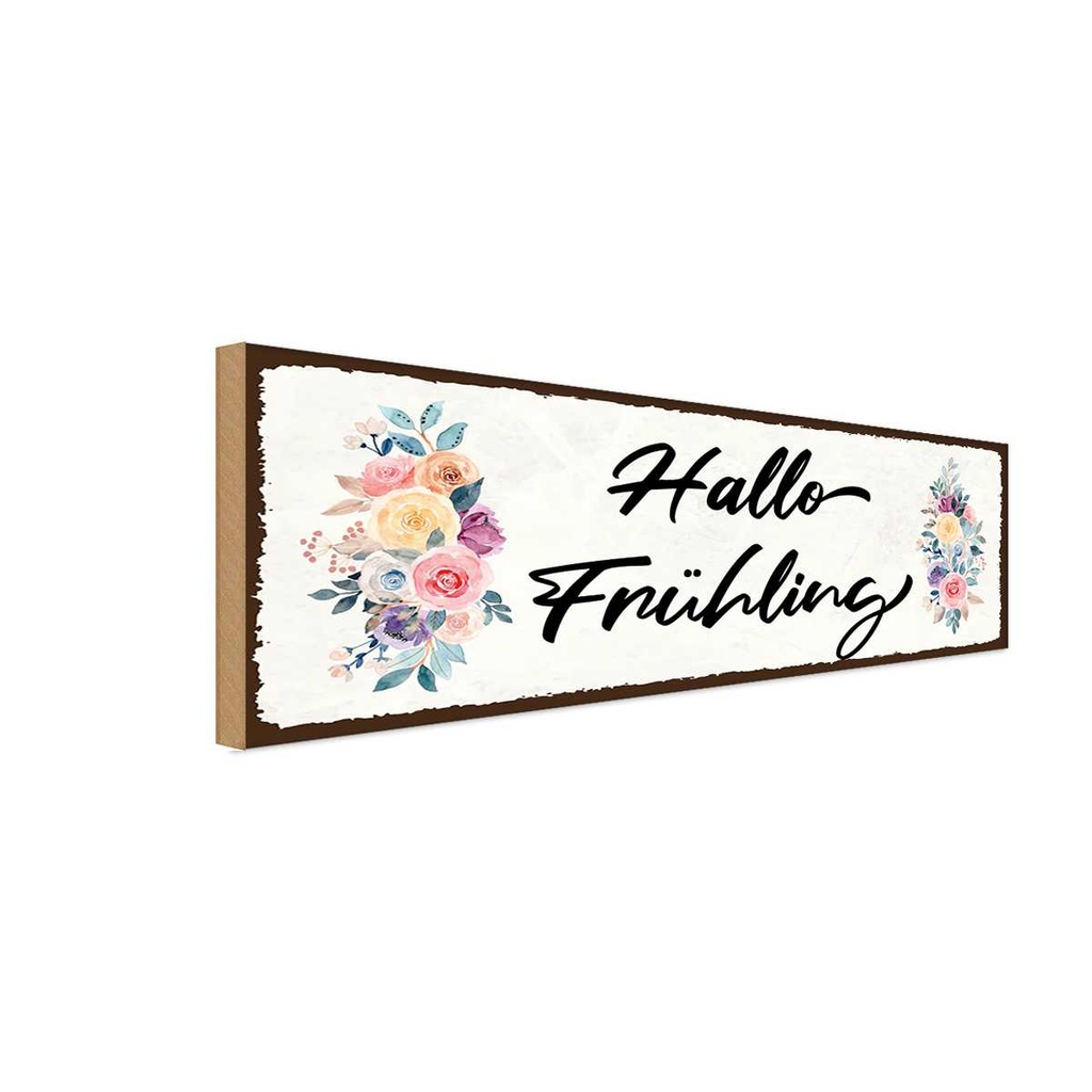 Holzschild 10x27 cm Hallo Frühling Essen Trinken