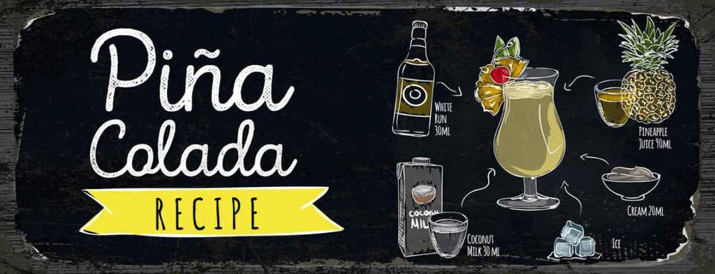Holzschild 10x27 cm Pina Colada Coktail Recipe Essen Trinken