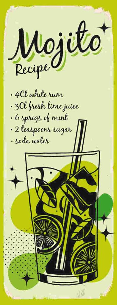 [LA-136036-H] Holzschild 27x10 cm Mojito Cocktail Recipe drink England