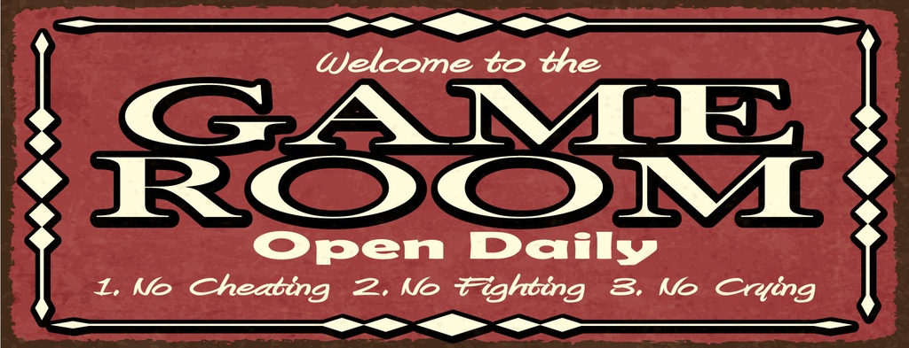 Holzschild 10x27 cm Game room open daily rotes