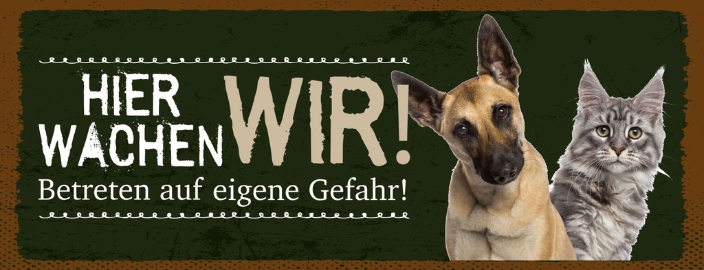 Holzschild 10x27 cm Hier wachen wir Hund und Katze grünes