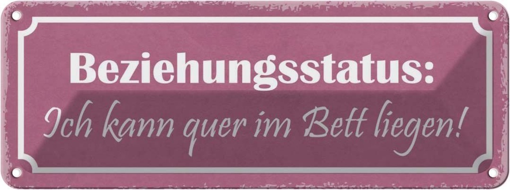 Blechschild 10x27 cm Beziehungsstatus quer im Bett Dekoration Spruch Zitat