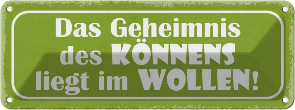 Blechschild 10x27 cm Geheimnis des Könnens im Wollen Spruch Zitat