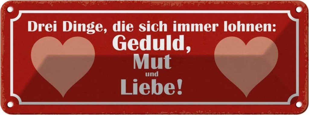 Blechschild 10x27 cm Drei Dinge Geduld Mut und Liebe Spruch Zitat