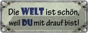 Blechschild 10x27 cm Die Welt schön weil Du mit drauf Spruch Zitat