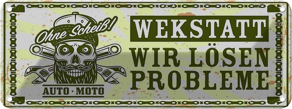 Blechschild 10x27 cm Auto Moto Werkstatt lösen Probleme Spruch Zitat