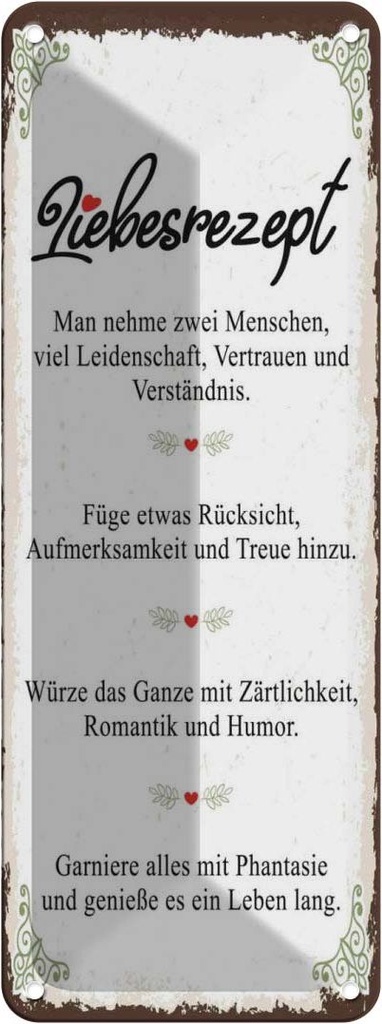 [LA-135852] Blechschild 27x10 cm Liebesrezept man nehme 2 Menschen Liebe