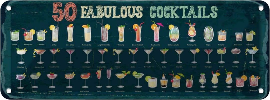 Blechschild 10x27 cm 50 Fabulous Cocktails Drinks