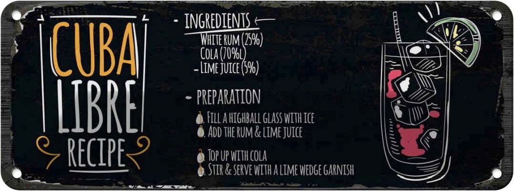 Blechschild 10x27 cm Cuba Libre Cocktail Recipe