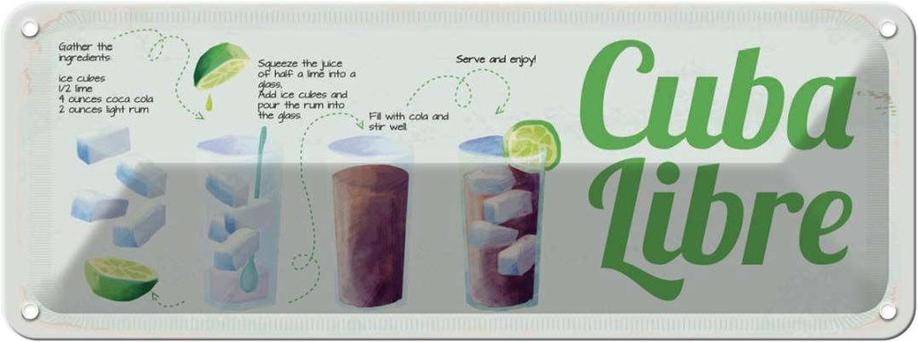 Blechschild 10x27 cm Cuba Libre Cocktail Recipe