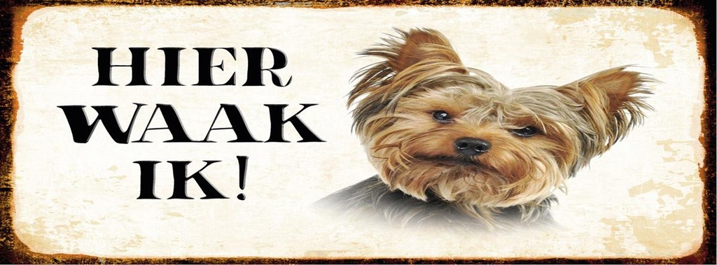 [LA-1810516] Blechschild 10x27 cm holländisch Hier Waak ik Yorkshire Terrier