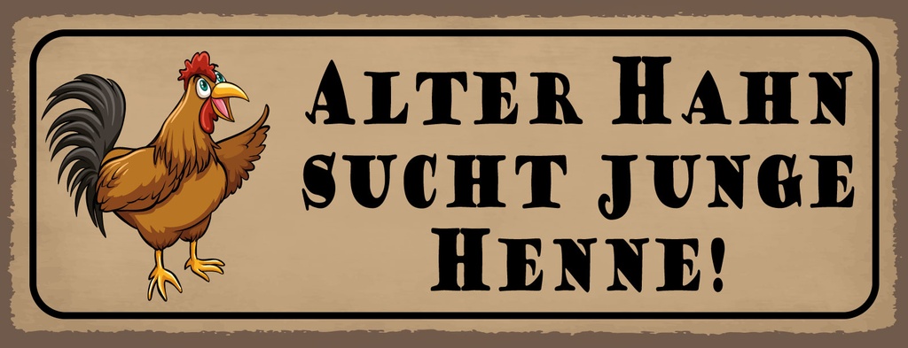 Blechschild 10x27 cm Alter Hahn sucht junge Henne