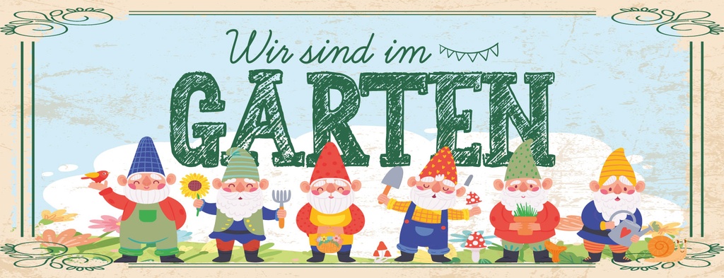 [LA-1811248] Blechschild 10x27 cm Wir sind im Garten Gartenzwerge