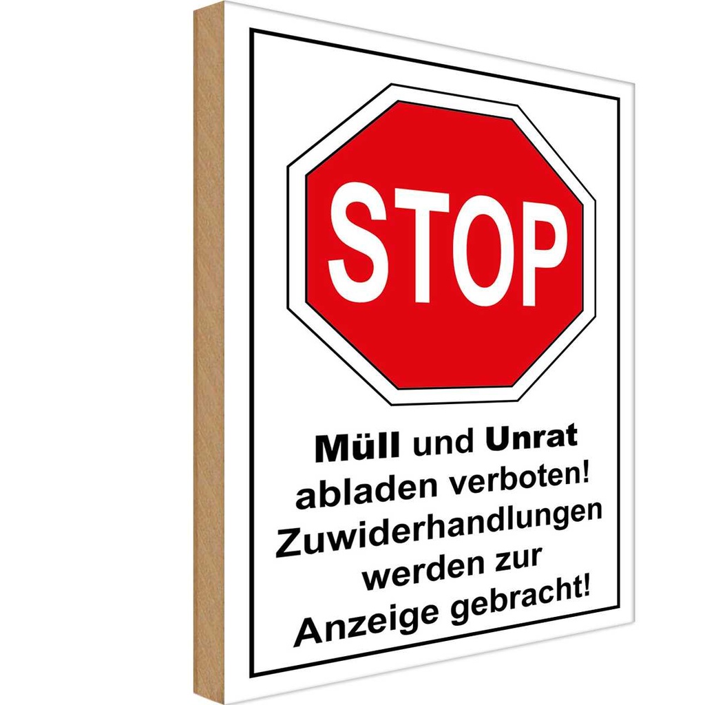 [LA-118918-H] Holzschild 40x30 cm Stop Müll und Unrat verboten Warnschild Hinweisschild