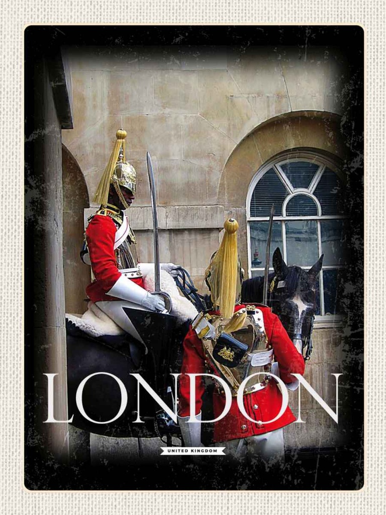 [LA-136570-H] Holzschild 40x30 cm London England Soldat Pferd Bildmotiv Reisemotiv