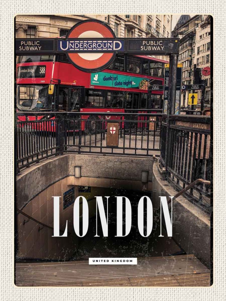 [LA-136610-H] Holzschild 40x30 cm London England Underground Train Bildmotiv Reisemotiv