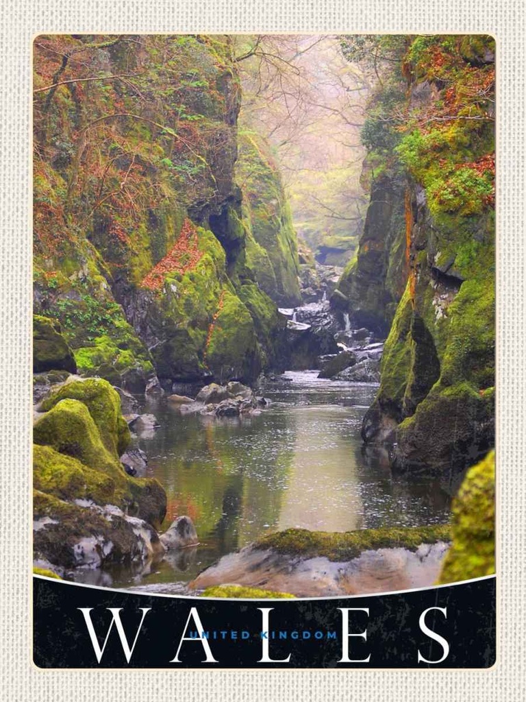 [LA-137513-H] Holzschild 40x30 cm Wales England Natur Fluss Wald Bildmotiv Reisemotiv