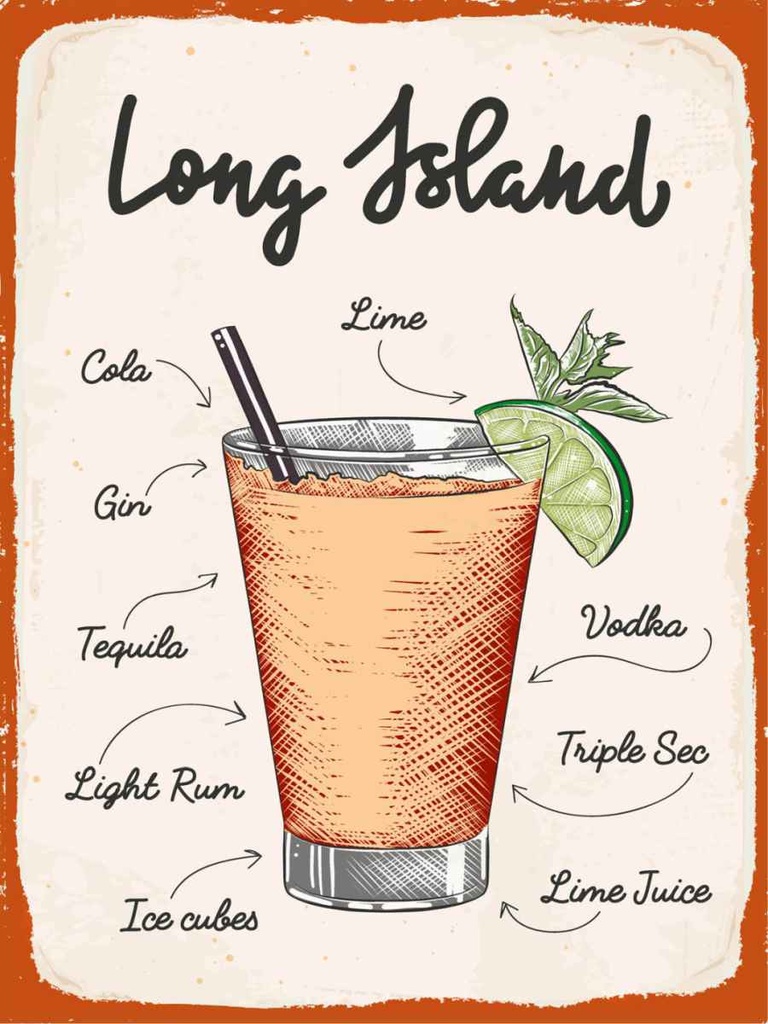 Holzschild 40x30 cm Long Island Tequila Vodka Essen Trinken