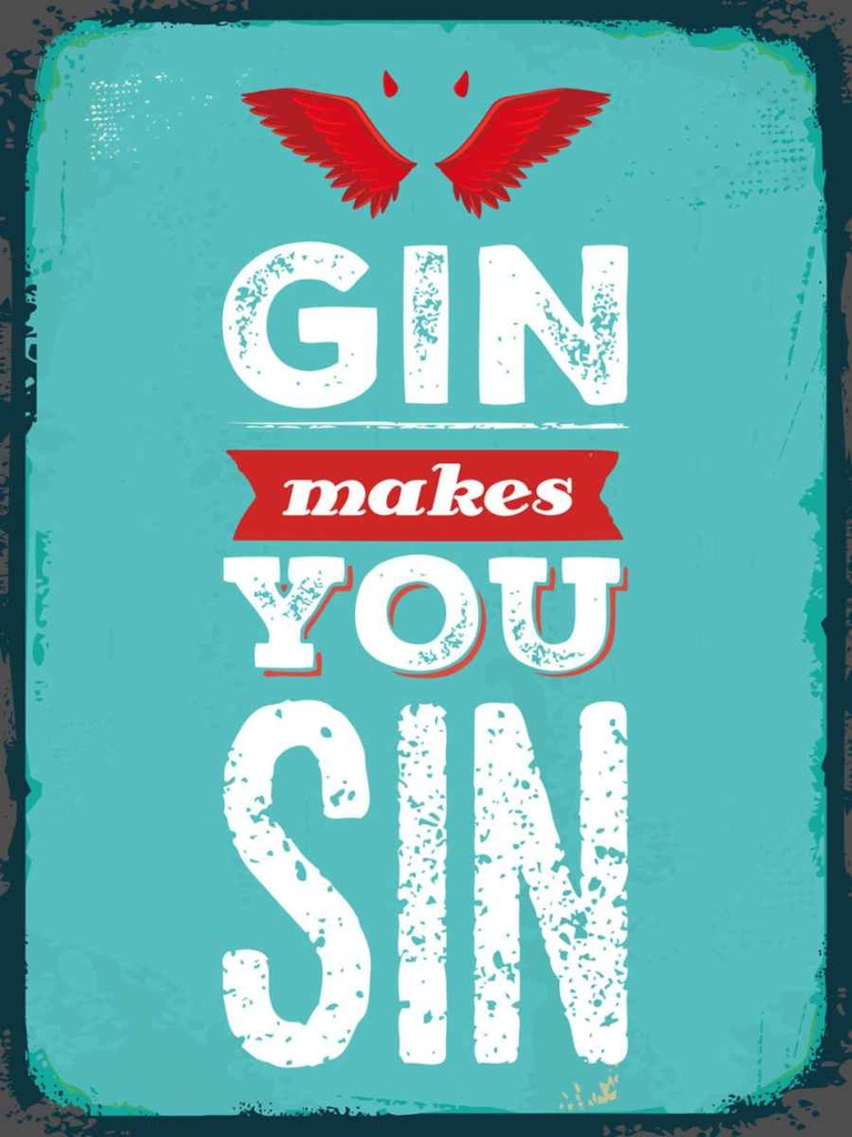 Holzschild 40x30 cm Gin makes you Sin Devil Hell Essen Trinken