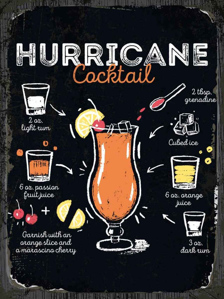 Holzschild 40x30 cm Hurricane Cocktail Recipe Essen Trinken