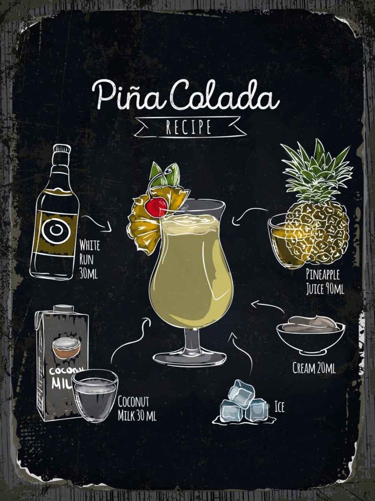 Holzschild 40x30 cm Pina Colada Coktail Recipe Essen Trinken