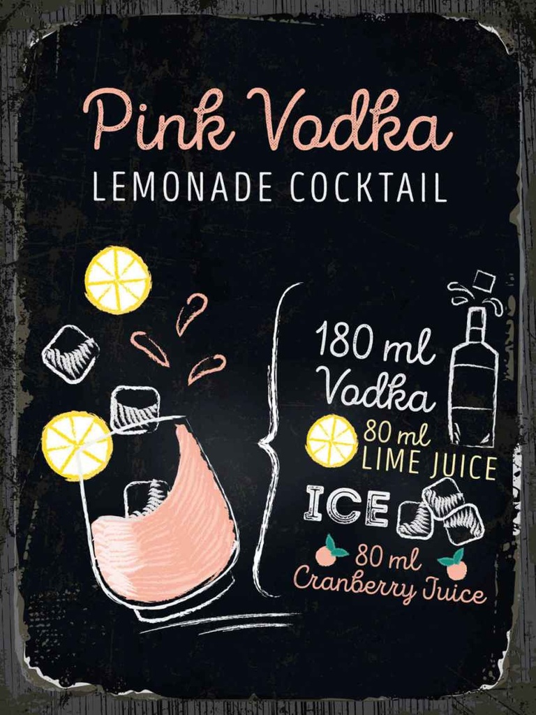 Holzschild 40x30 cm Pink Vodka Cocktail Recipe Essen Trinken