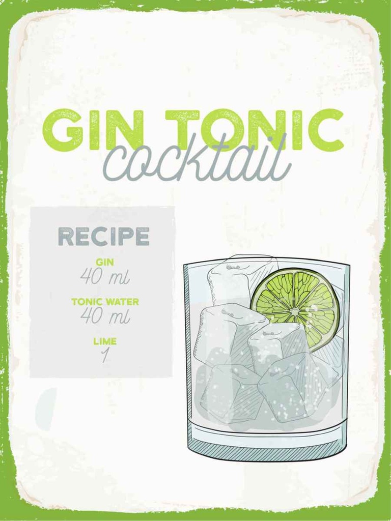 Holzschild 40x30 cm Gin Tonic Cocktail Recipe Essen Trinken