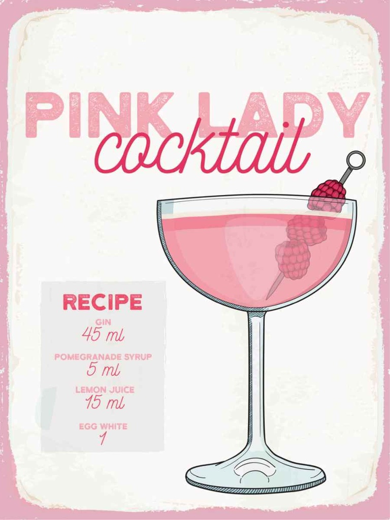 Holzschild 40x30 cm Pink Lady Cocktail Recipe Essen Trinken