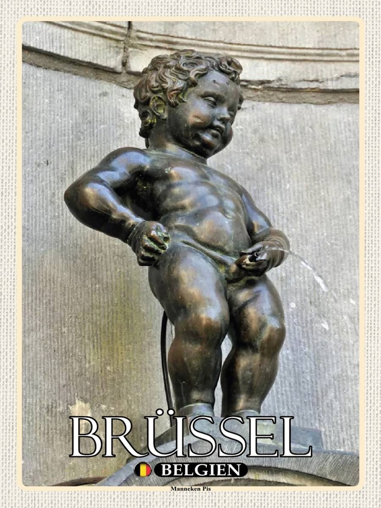 Holzschild 40x30 cm Brüssel Belgien Manneken Pis Bildmotiv Reisemotiv Abenteuer Reisen