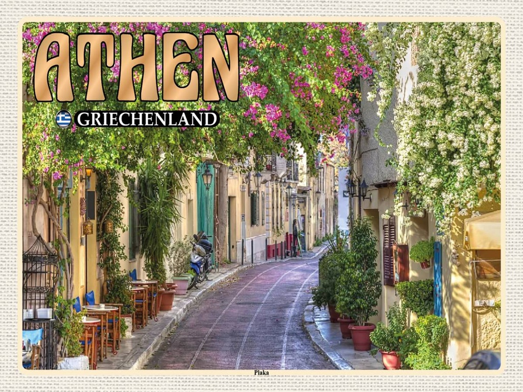 Holzschild 30x40 cm Athen Griechenland Plaka Stadtteil Bildmotiv Reisemotiv Abenteuer Reisen