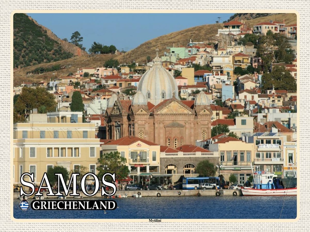 Holzschild 30x40 cm Samos Griechenland Mytilini Stadt Meer Bildmotiv Reisemotiv Abenteuer Reisen
