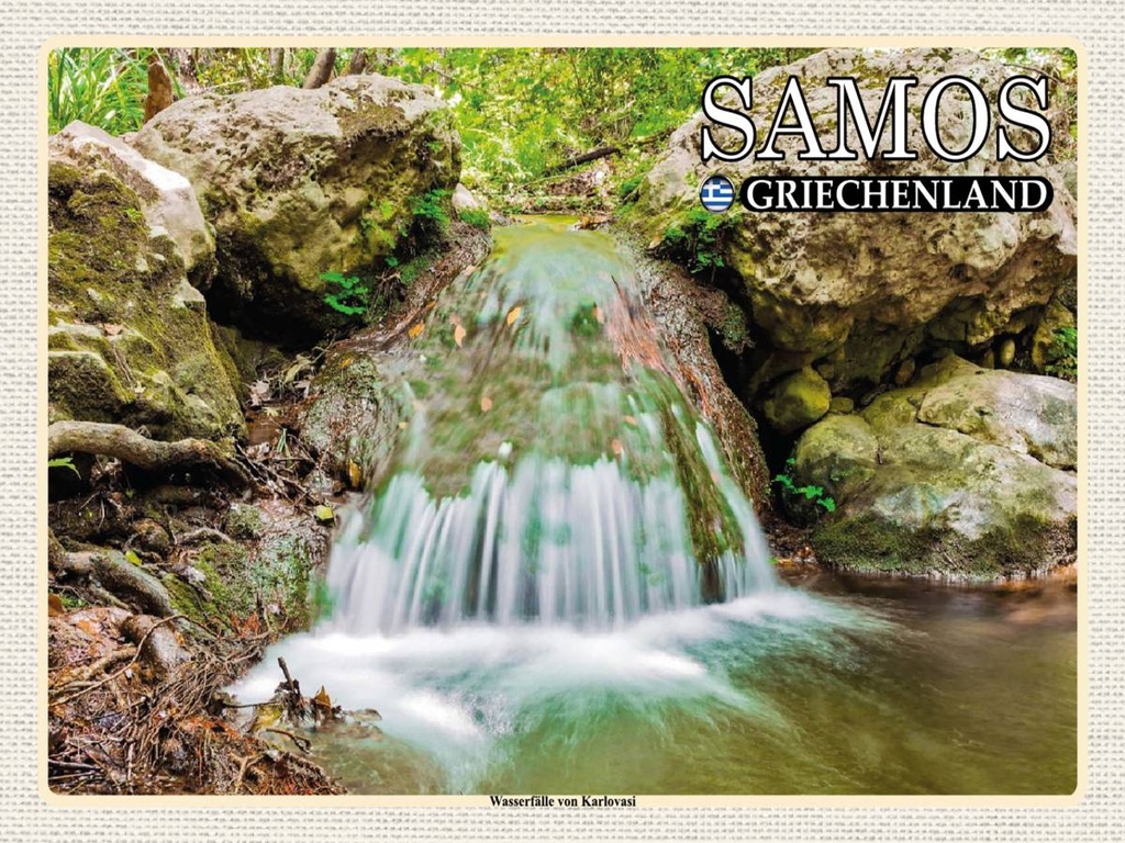 Holzschild 30x40 cm Samos Griechenland Wasserfälle Karlovasi Bildmotiv Reisemotiv Abenteuer Reisen