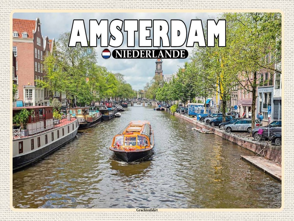 Holzschild 30x40 cm Amsterdam Niederlande Grachtenfahrt Fluss Bildmotiv Reisemotiv Abenteuer Reisen