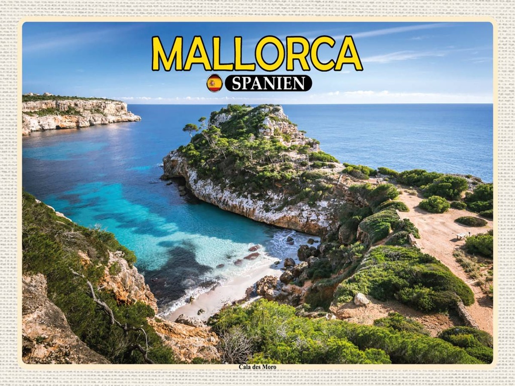 Holzschild 30x40 cm Mallorca Spanien Cala des Moro Bucht Bildmotiv Reisemotiv Abenteuer Reisen