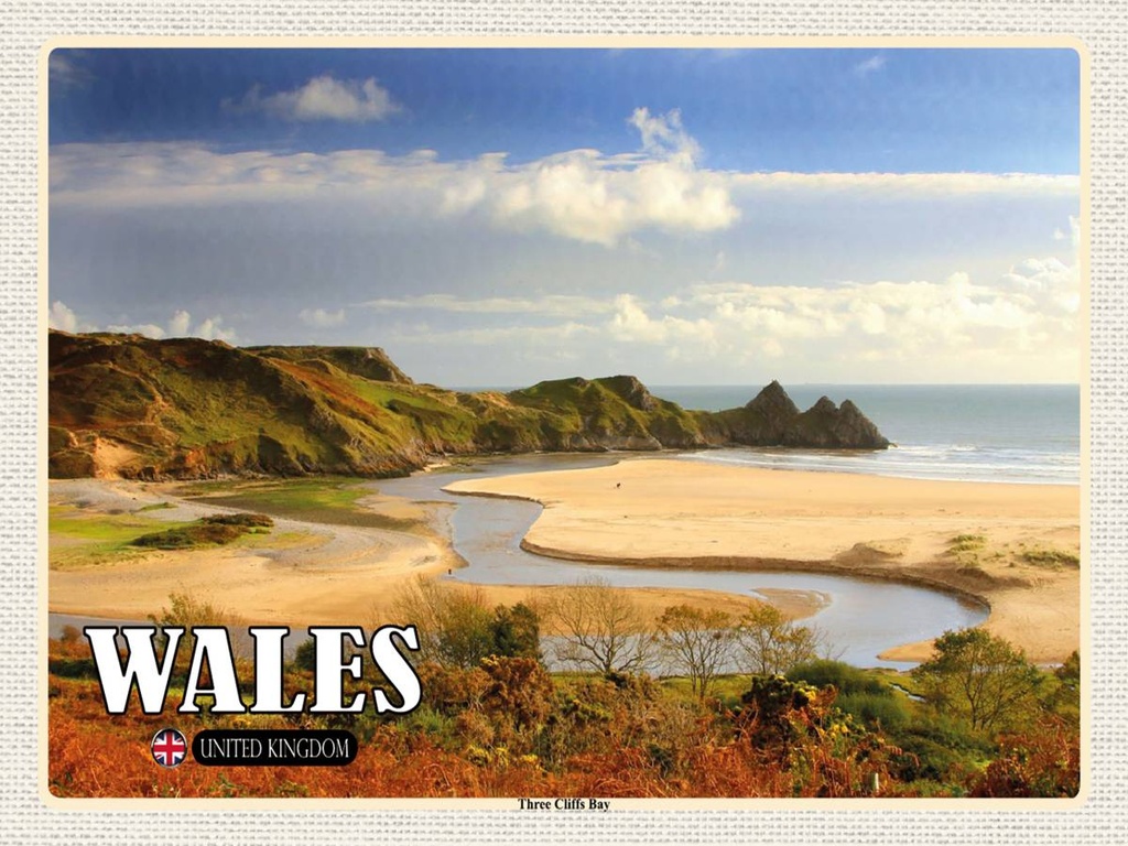 Holzschild 30x40 cm WalesThree Cliffs Bay Bucht Bildmotiv Reisemotiv Abenteuer Reisen