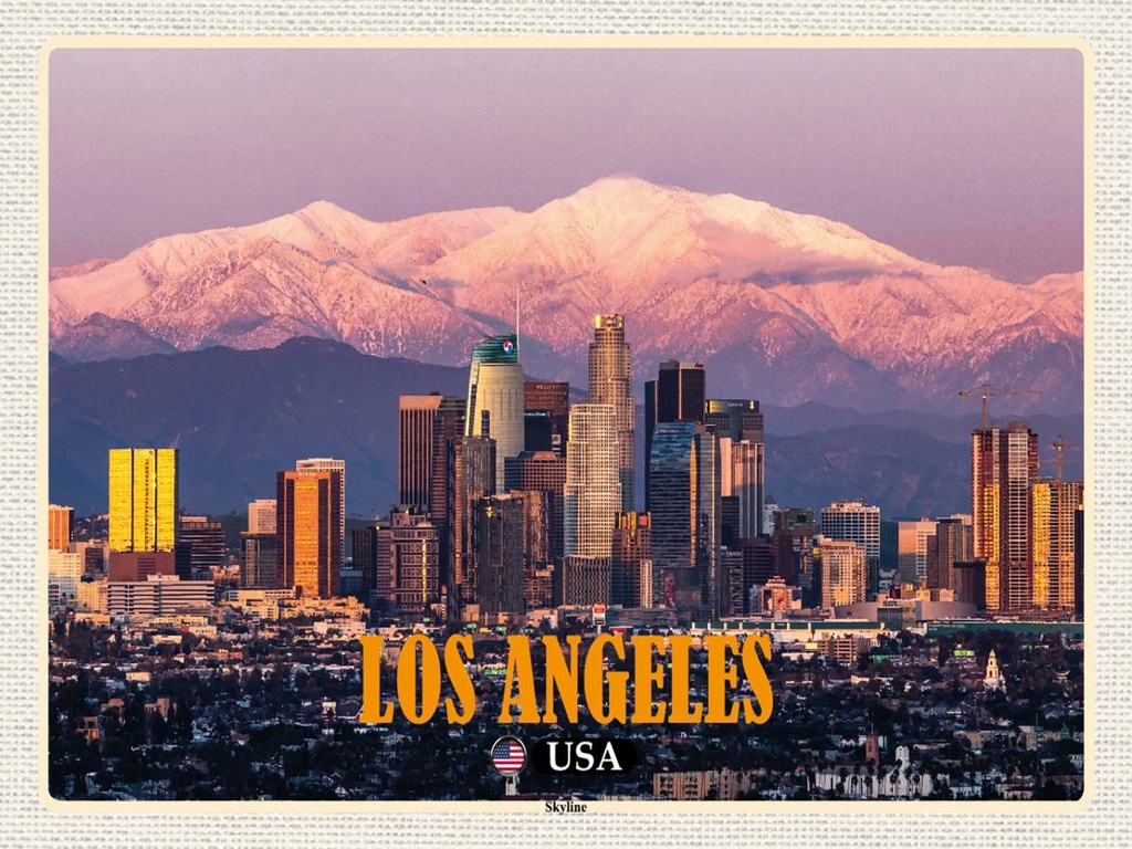 Holzschild 30x40 cm Los Angeles Skyline Berge Wolkenkratzer Bildmotiv Reisemotiv Abenteuer Reisen