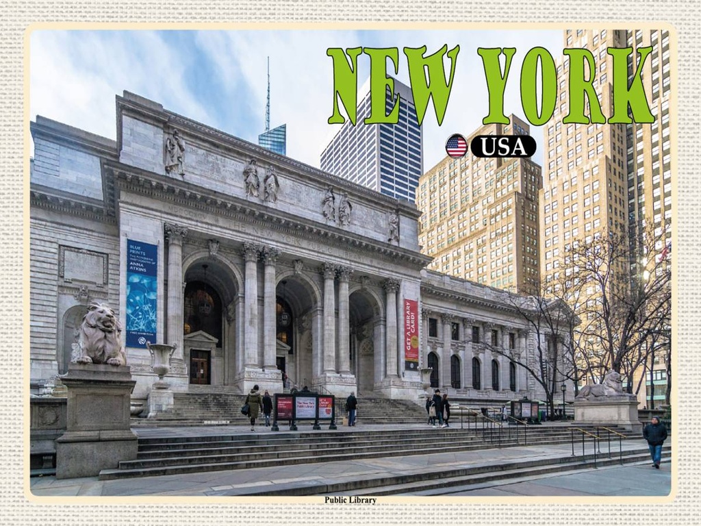 Holzschild 30x40 cm New York USA Public Library Bibliothek Bildmotiv Reisemotiv Abenteuer Reisen