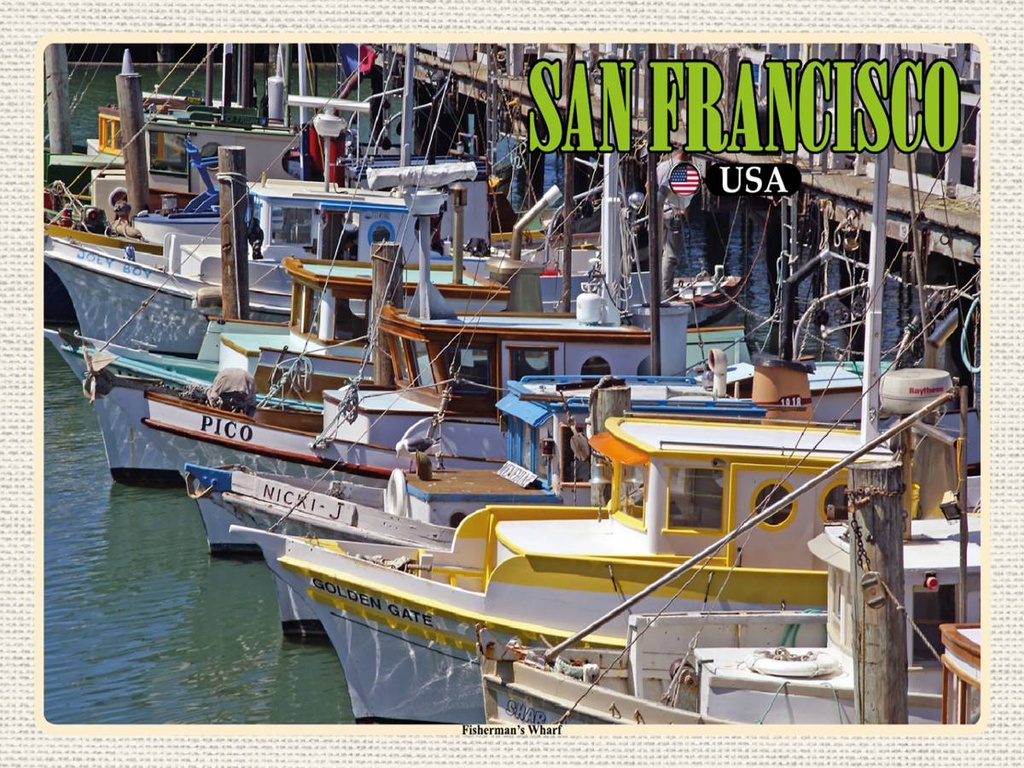 Holzschild 30x40 cm San Francisco Fisherman's Wharf Bildmotiv Reisemotiv Abenteuer Reisen