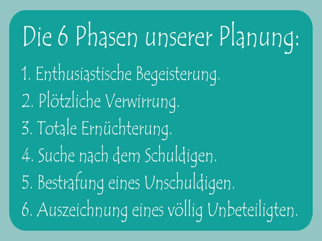Holzschild 30x40 cm Die 6 Phasen unserer Planung