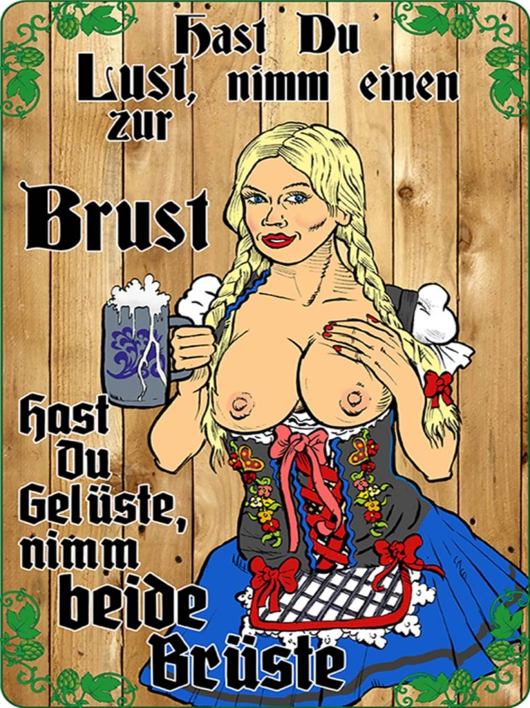 Holzschild 40x30 cm Pinup Nimm einen zur Brust Bier