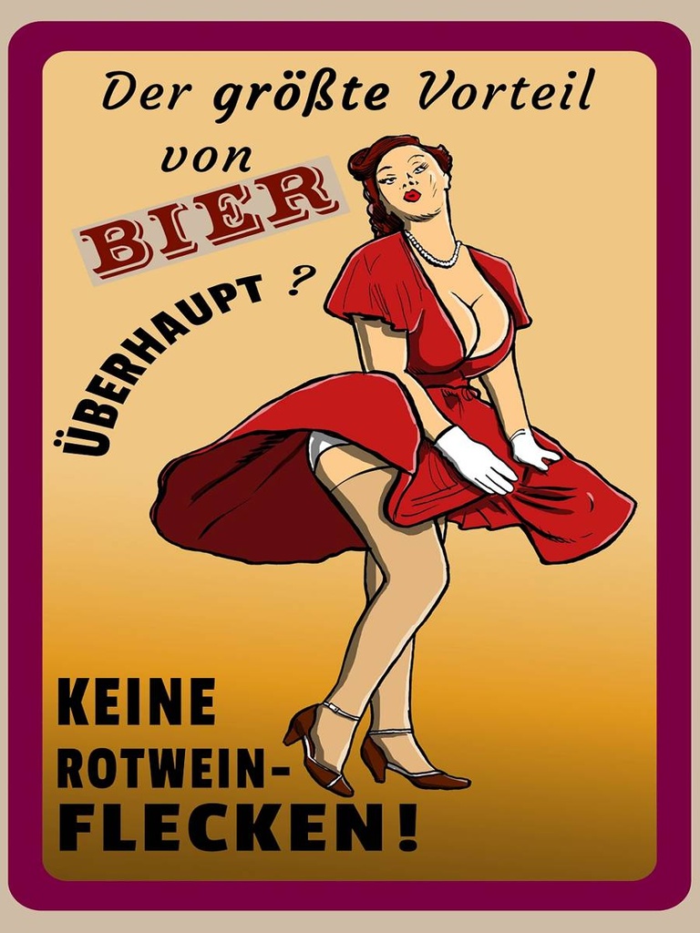 Holzschild 40x30 cm Pinup Vorteil Bier keine Rotweinflecken