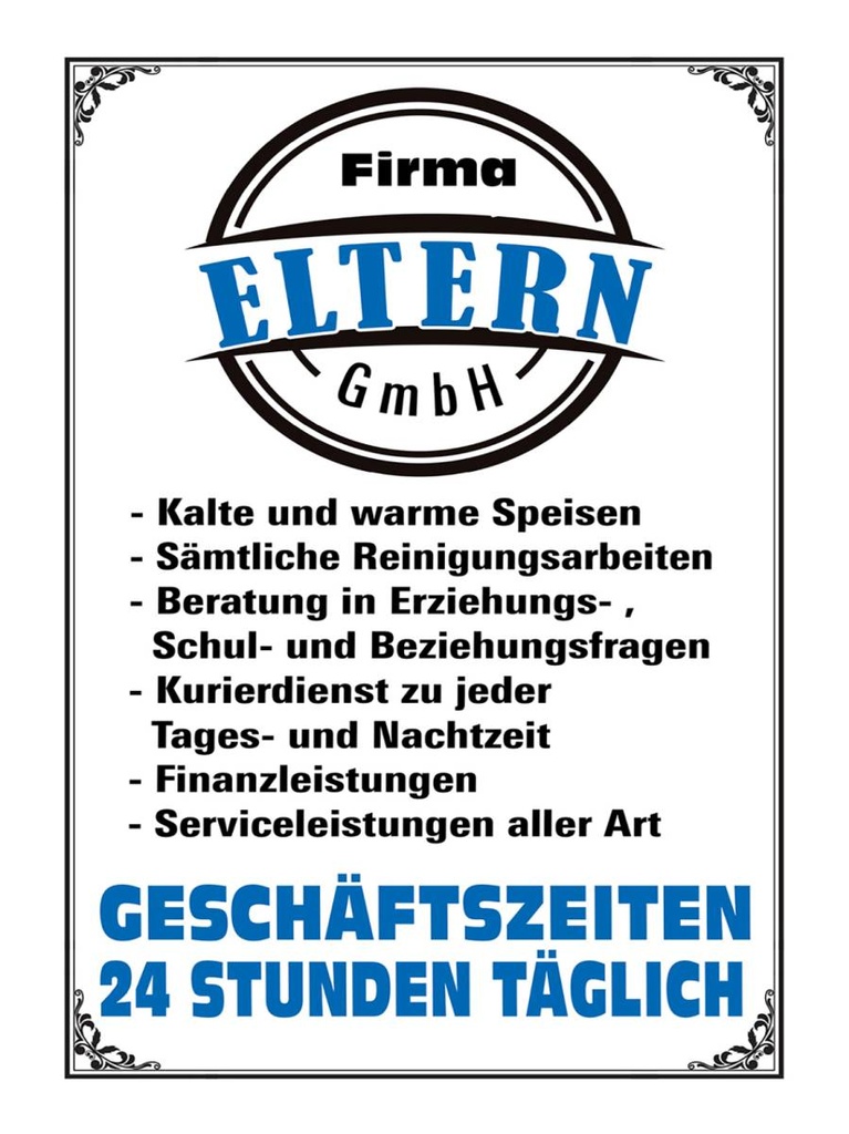 Holzschild 40x30 cm Firma Eltern GmbH 24 Std täglich