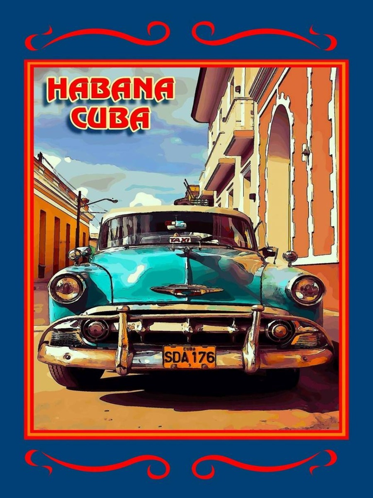 Holzschild 40x30 cm Cuba Habana Cuba blaues Auto